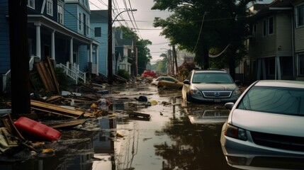 Obraz premium Floodwaters submerge a residential street, leaving cars and homes in disarray, a stark reminder of nature's power and unpredictable impact.