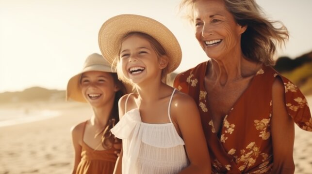 A mother, grandmother, and child share a joyful moment on a sunlit beach, radiating happiness and togetherness.