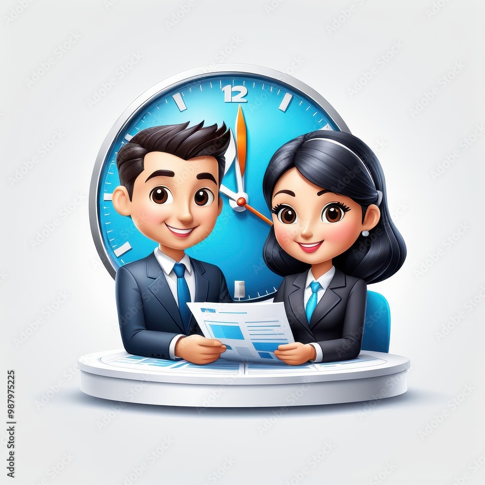 Poster two professionals discussing documents with a clock in the background, symbolizing time management.
