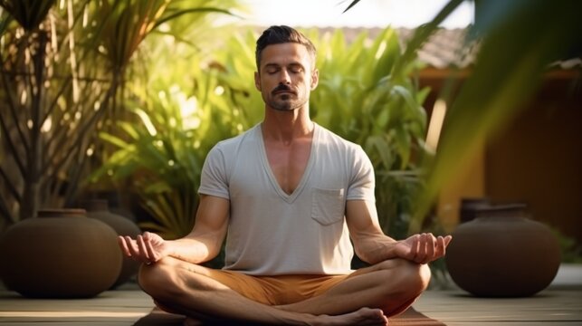 A muscular man sits cross-legged, meditating peacefully in a lush, green garden, bathed in soft sunlight. - Powered by Adobe