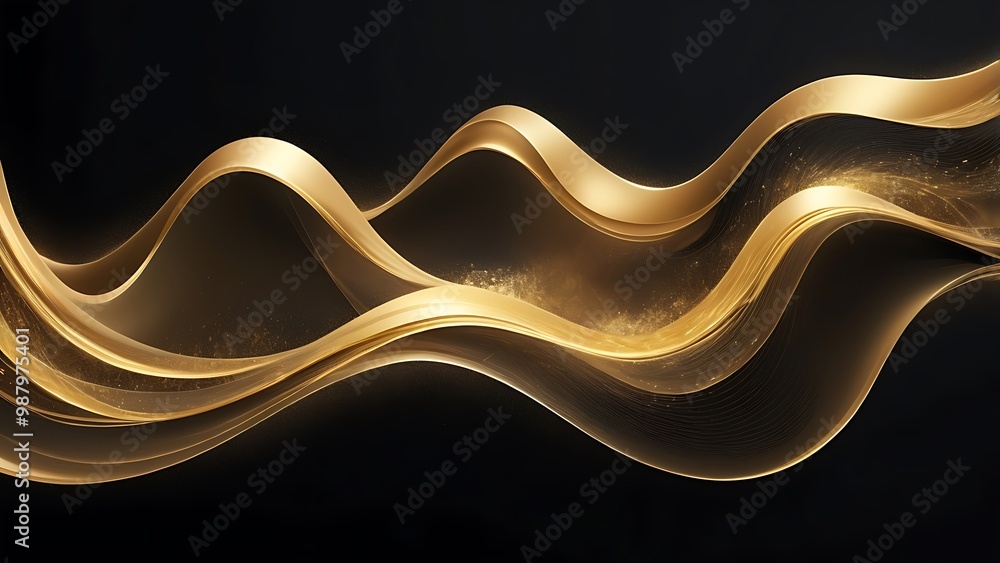 Poster digital abstract illustration of a flowing, golden waves that curve and intertwine against a solid b