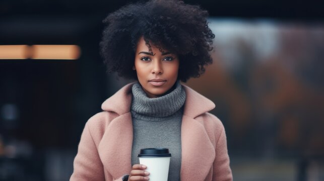 A confident, stylish woman with a serious expression holds a cup of coffee, her natural curls framing her face as she stands outdoors in a chic coat.