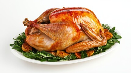 A beautifully roasted turkey placed on a large serving plate, viewed from above, set against a clean white background. Fresh turkey.