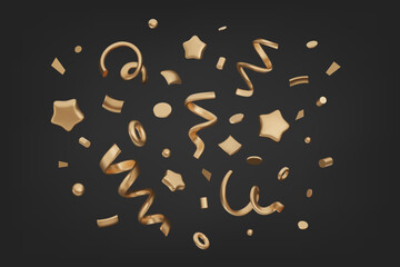 3D party gold confetti set. Stars, spirals, serpentine streamer. Realistic metallic elements isolated on black background. Vector design for celebration poster, banner, greeting, invitation, promo