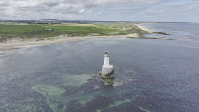 Rattray Head Lighthouse, drone shot, lighthouse with sandy beach and dunes, Peterhead, Aberdeenshire, Scotland, Great Britain