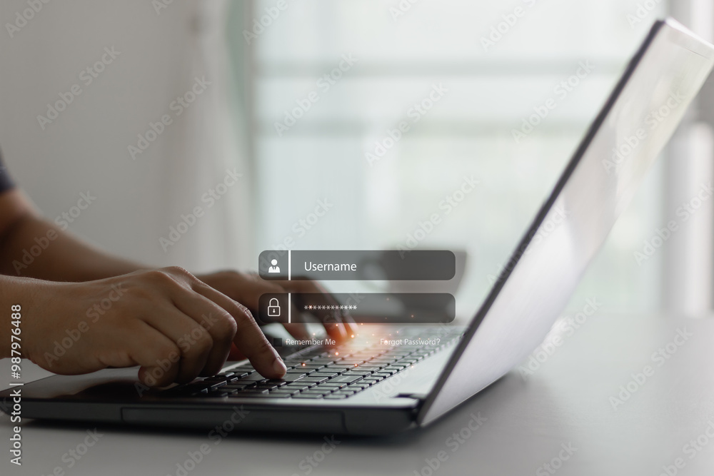 Poster Businessman hand type to access privacy profile on account in company system by putting username password for the authorization security system of technology concept. Secure access data protection.