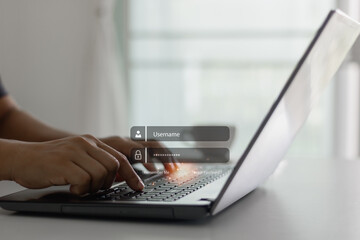 Businessman hand type to access privacy profile on account in company system by putting username...