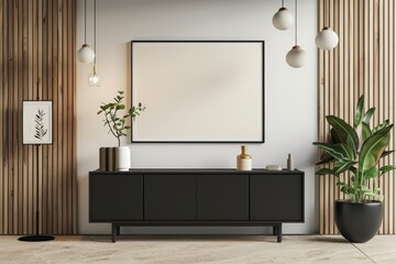 A black and white room with a white wall and a black wooden table