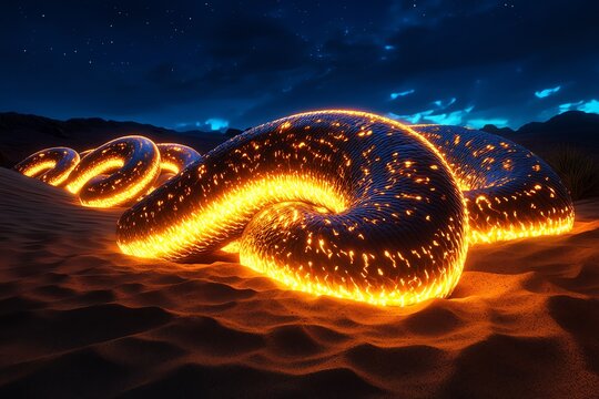 Massive sandworms in a fantasy desert, glowing with bioluminescence as they move through the dunes