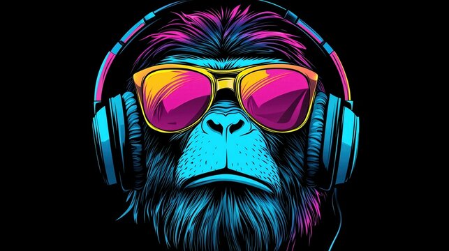 Colorful digital illustration of a cool ape wearing sunglasses and headphones against a black background.