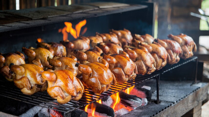 A row of roasted chickens on a grill. The fire is hot and the smoke is rising. The chickens are cooked and ready to be eaten