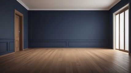 Empty Room: An inviting interior with an empty room, boasting navy blue walls, a wooden door, and ample natural light flooding through a large window.