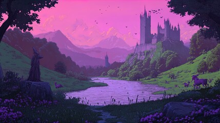 A picturesque medieval castle is nestled in a lush, vibrant landscape with a serene river flowing through the scene. The sky is painted with hues of pink and purple, casting a magical glow over the ca