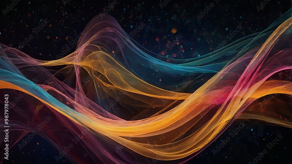 Poster abstract digital artwork illustration background featuring a dynamic and colorful ribbon like waves 