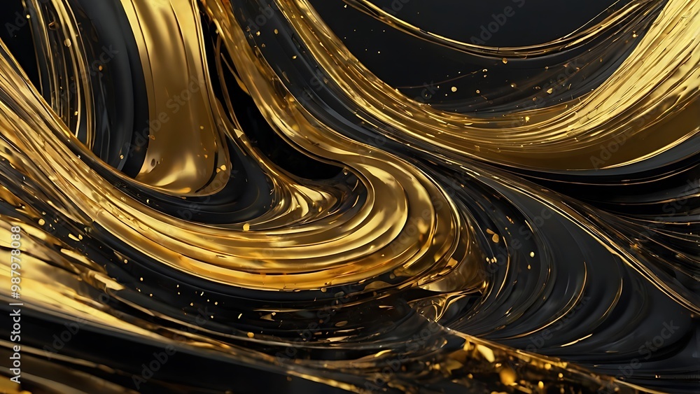 Poster abstract digital artwork background featuring a dynamic swirl of gold and black hues with a fluid an