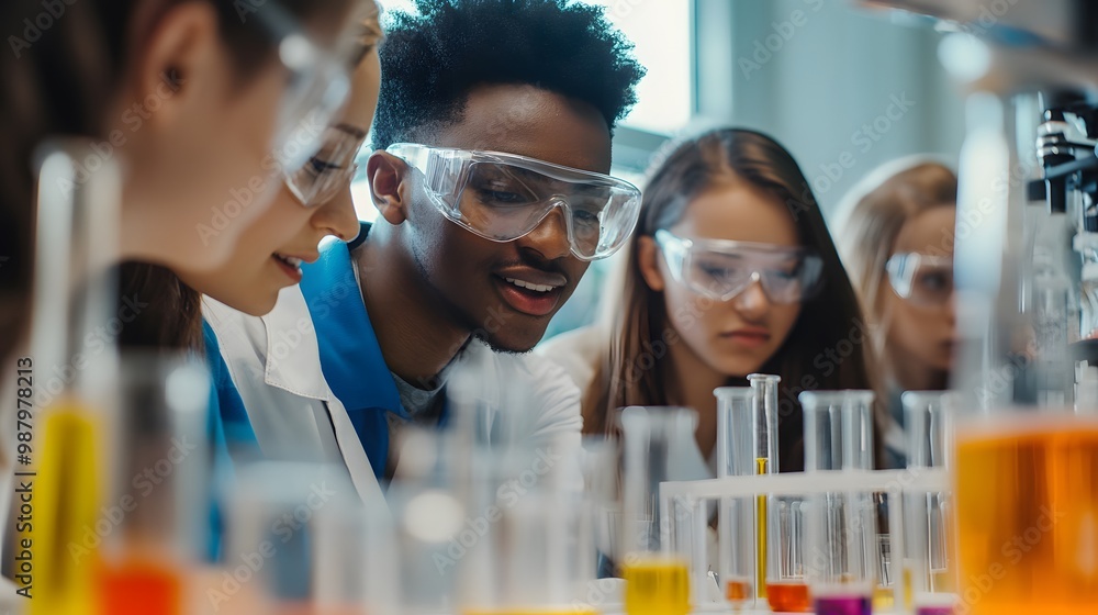 Poster diverse students conduct experiments in a science lab