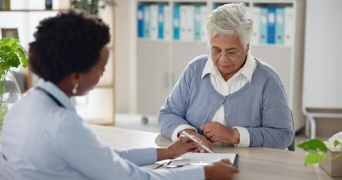 Senior woman, doctor and documents to sign for legal paper work, consent forms or life insurance for surgery. People, consulting and medical administration for elderly support, agreement or contract
