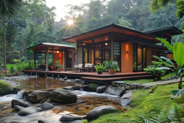 A small house is built on a hillside next to a stream