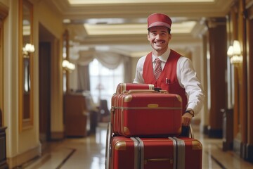 Cheerful bellboy assisting guests with luggage cart at a welcoming hotel environment