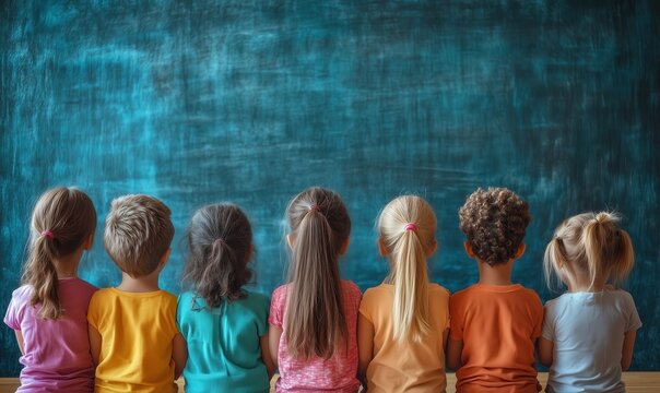 A diverse group of children sitting in front of a chalkboard in a classroom setting.