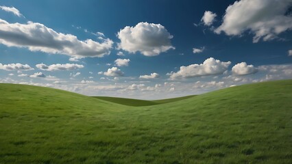 Fototapeta premium Landscape image featuring a vast, gently rolling green hill under a clear vibrant blue sky, nature background