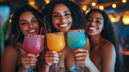Three beautiful Latin women celebrating with colorful margarita drinks at a vibrant nightclub, enjoying a joyful moment together under the warm lights