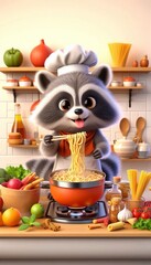 Fototapeta premium Waschbär kocht Pasta