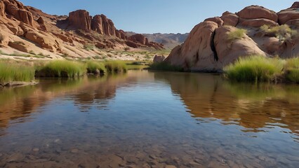 Landscape photograph featuring a serene desert scene with clean blue sky grasses and a small, calm body of water in the foreground