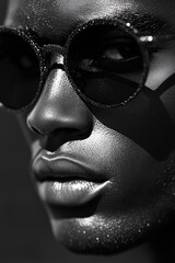 Close-up of an African male face in sunglasses with dramatic lighting creating high contrast shadows. © umut hasanoglu