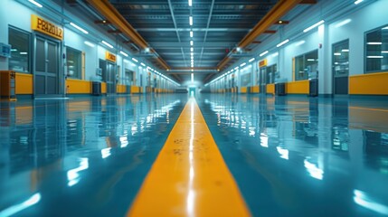Fototapeta premium Inside a Semiconductor Mass Production Factory: A View of the Interior with No One in Sight