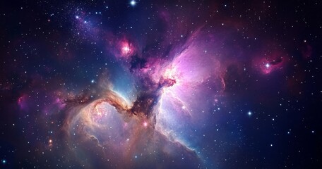 Vibrant cosmic nebula with stars and galaxies in the Milky Way, featuring glowing nebulous clouds in shades of dark blue, purple, pink, white, and gold in a hyper-realistic space scene.