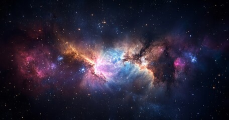 Obraz premium Vibrant cosmic nebula with stars and galaxies in the Milky Way, featuring glowing nebulous clouds in shades of dark blue, purple, pink, white, and gold in a hyper-realistic space scene.