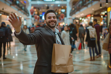 Elegant Man Shopping on Black Friday for High-End Fashion Deals, Smiling with a Bag in a Busy Store