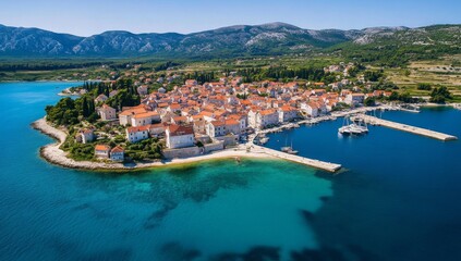 Aerial view of Kupari, Croatia, showcasing white buildings with red roofs surrounded by turquoise sea and mountains. Clear blue summer sky with a visible harbor on the right.
