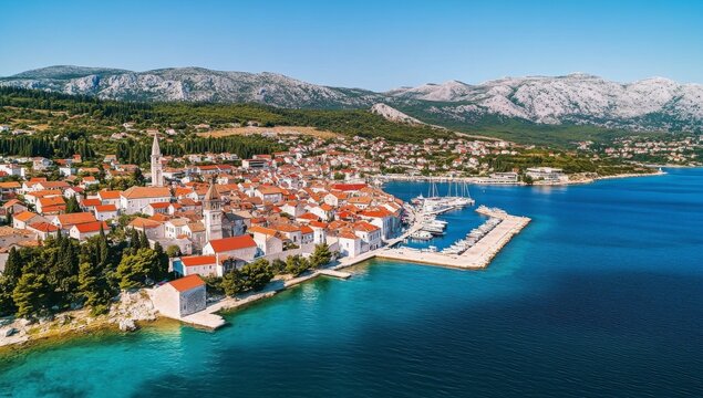 Aerial view of Kupari, Croatia, showcasing white buildings with red roofs surrounded by turquoise sea and mountains. Clear blue summer sky with a visible harbor on the right.
