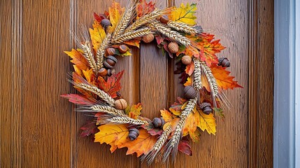 Thanksgiving Togetherness Decorations Harvest Wreath A door decorated with a harvest wreath made of wheat
