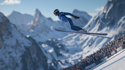 Ski Jumper Mid-Air Against Majestic Snowy Mountains During Competition