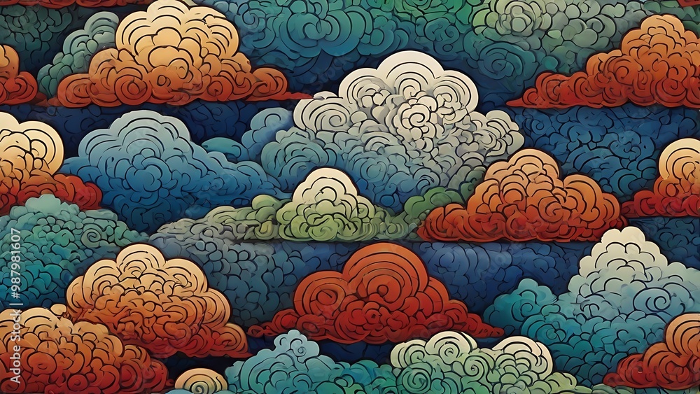 Poster vibrant and intricate illustration featuring a multitude of stylized clouds in various colors and pa
