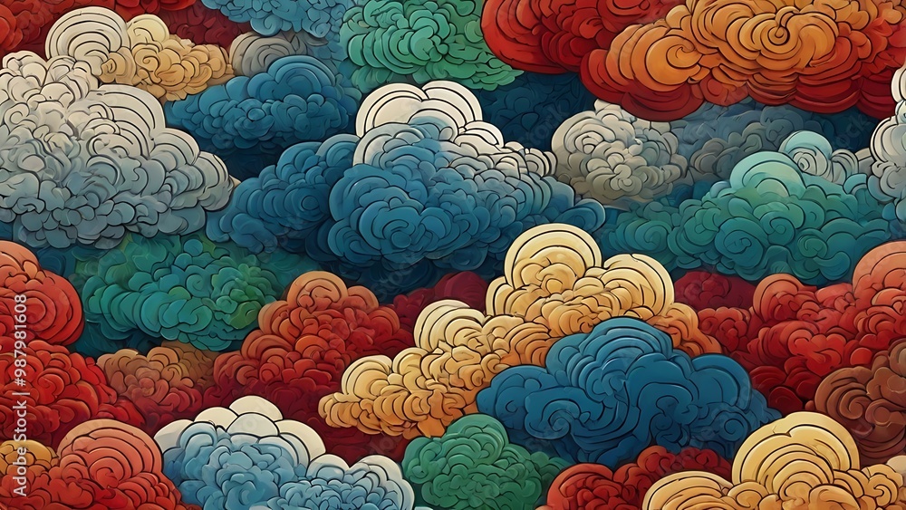 Poster vibrant and intricate illustration featuring a multitude of stylized clouds in various colors and pa