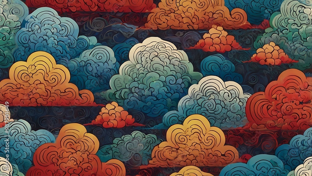 Poster vibrant and intricate illustration featuring a multitude of stylized clouds in various colors and pa
