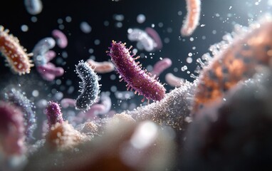 Vivid microbiome, colorful bacteria in the human body, diversity of microorganisms that impact health, immunity, and various bodily functions in the intricate human ecosystem.