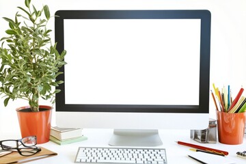Fototapeta premium Blank computer screen on an office desk with a plant and stationery, minimalistic white background in web banner style for workspace or productivity concepts.
