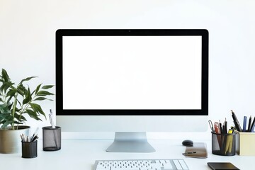 Fototapeta premium Blank computer screen on an office desk with a plant and stationery, minimalistic white background in web banner style for workspace or productivity concepts.