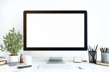Fototapeta premium Blank computer screen on an office desk with a plant and stationery, minimalistic white background in web banner style for workspace or productivity concepts.