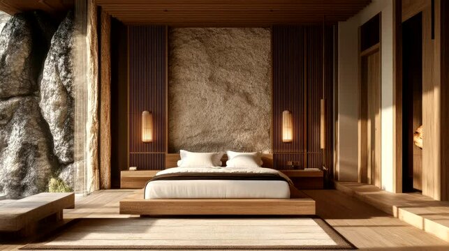 Luxury resort hotel bedroom interior design with a rewild feel. seamless looping time-lapse virtual 4k video animation background