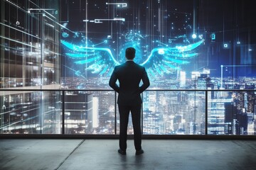Obraz premium Businessman with angel wings standing at an office window overlooking a cityscape, symbolizing success and innovative construction development, with a blue hologram icon of an open hand.