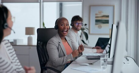 Call center, celebration and happy woman with headset in office for service, customer subscription or telemarketing. CRM, high five and agent with colleagues for typing, sales target or achievement