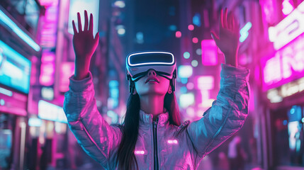 Young asian woman wearing virtual reality goggles on neon background.