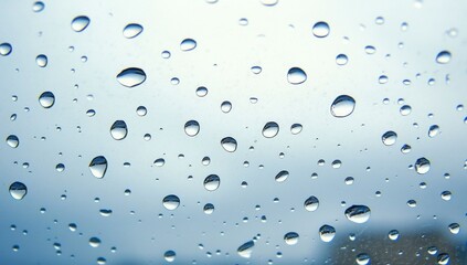 Close-up of water droplets on glass against a light blue background, highlighting the clarity and beauty of each raindrop, symbolizing tranquility and the serenity of nature.