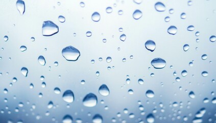 Close-up of water droplets on glass against a light blue background, highlighting the clarity and beauty of each raindrop, symbolizing tranquility and the serenity of nature.